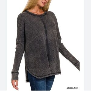 Zenana Washed Baby Waffle Reverse Seam Long Sleeve Tee ash black Small Medium